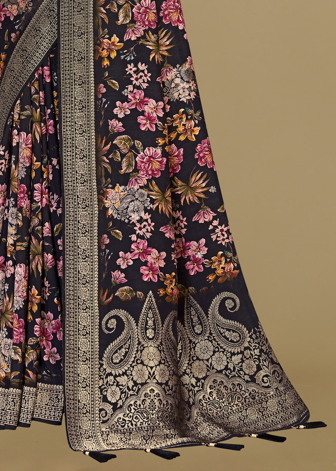 Black Tussar Silk Saree Embellished with Floral Digital Prints, Zari Woven Border, Butta Work, and Elegant Tassels - Spider Silk 5525 Black Modeling 3