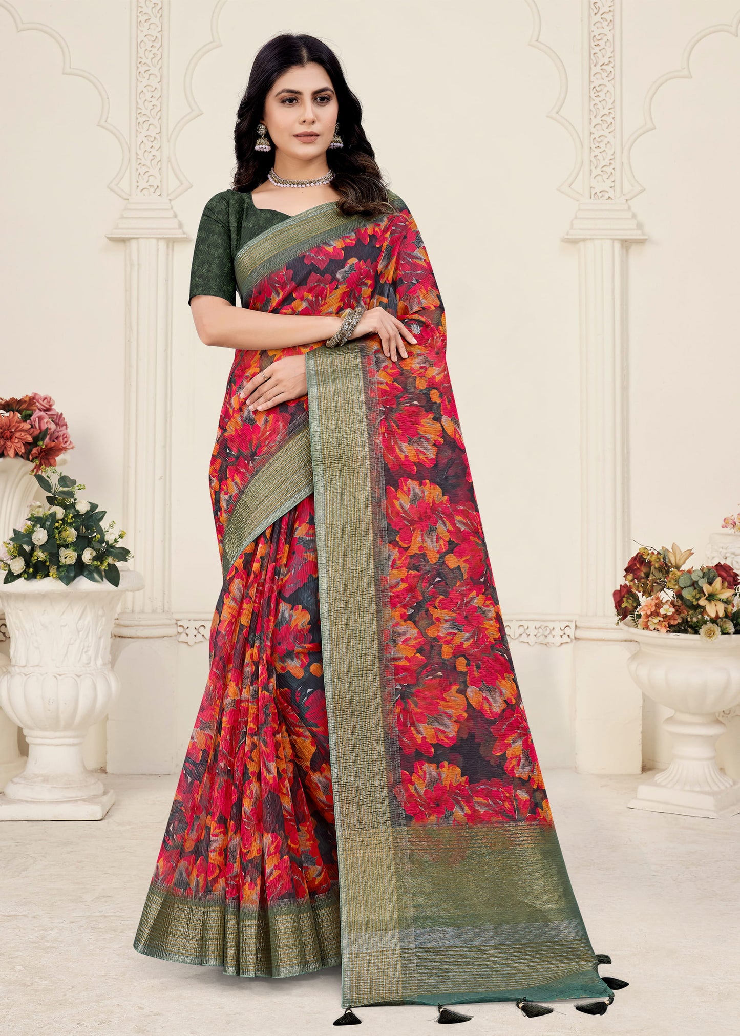 Black Zari Border Crush Silk Saree with Delicate Digital Floral Designs - Crush Prints 9113 Black First Image