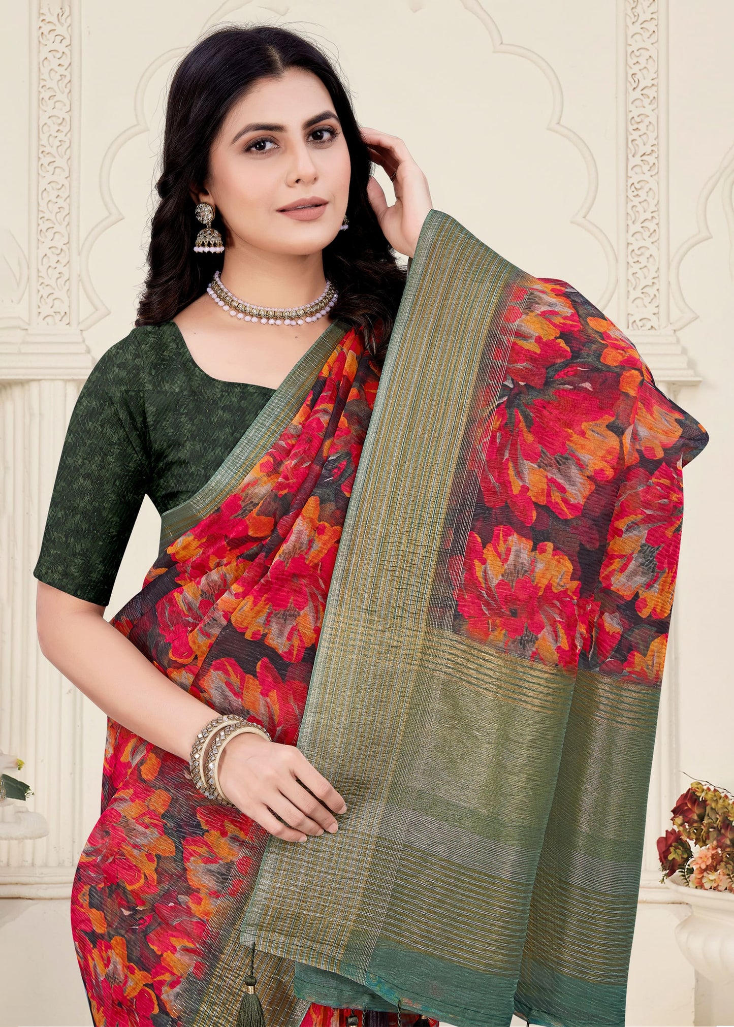 Black Zari Border Crush Silk Saree with Delicate Digital Floral Designs - Crush Prints 9113 Black Second Image