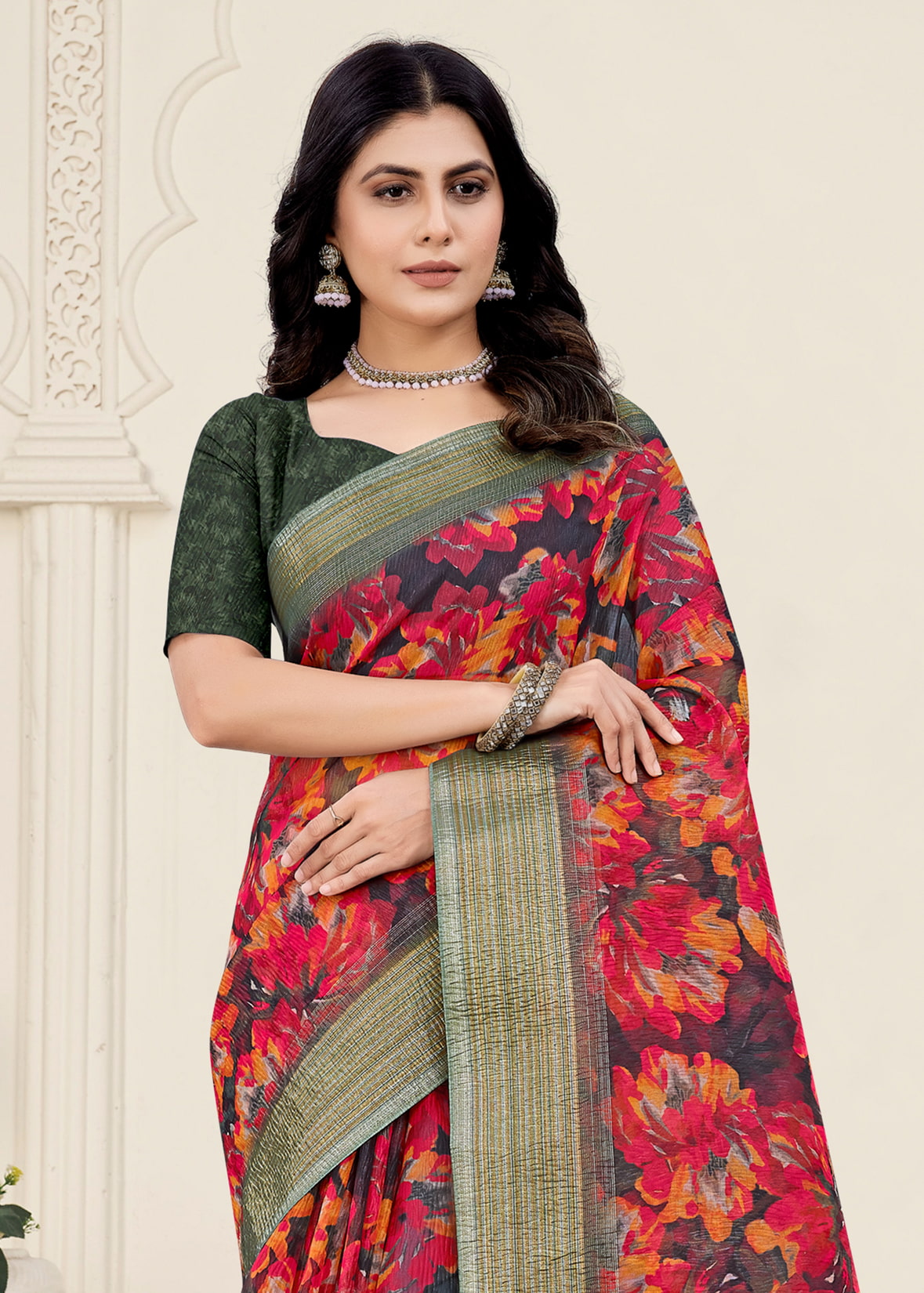 Black Zari Border Crush Silk Saree with Delicate Digital Floral Designs - Crush Prints 9113 Black Third Image