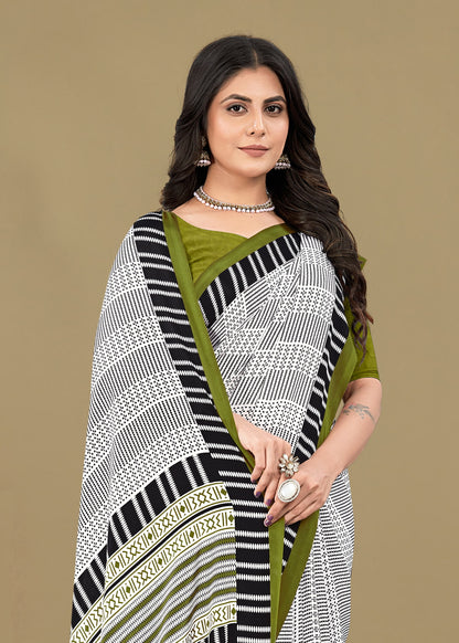 Black & White Geometric Printed Crepe Saree with Solid Border - Sabarmati Silk 5436-A Black & White Zoom  View