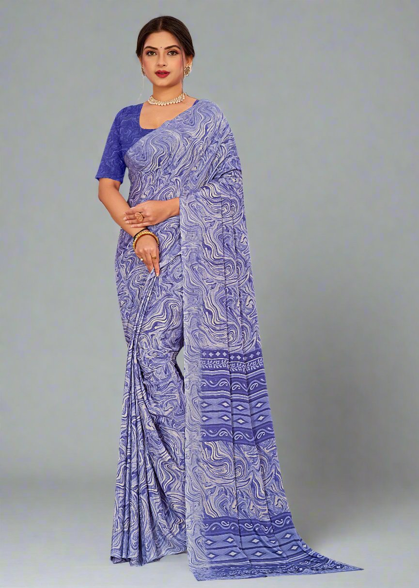 Blue Abstract Printed Art Cotton Silk Traditional Designer Saree - Saffron Prints 1234-B Blue Pose 1