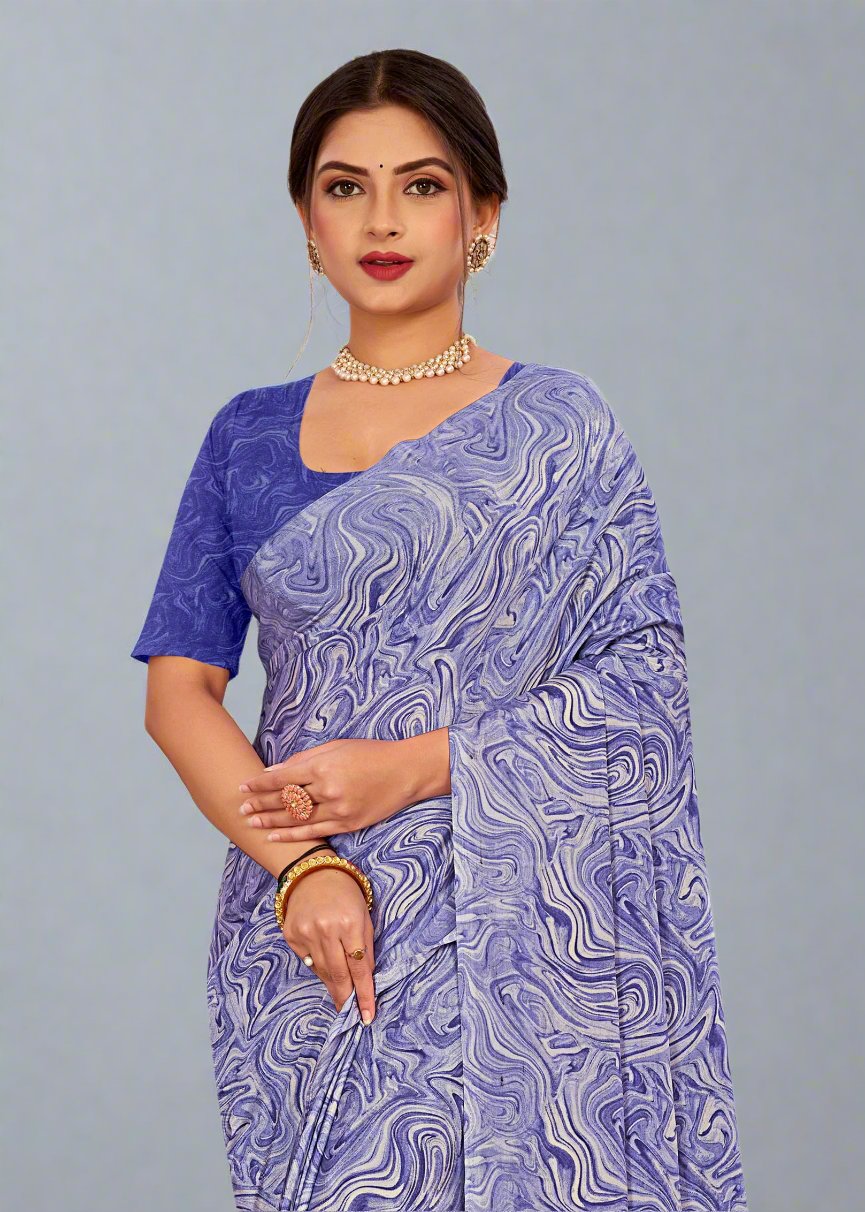 Blue Abstract Printed Art Cotton Silk Traditional Designer Saree - Saffron Prints 1234-B Blue Pose 2