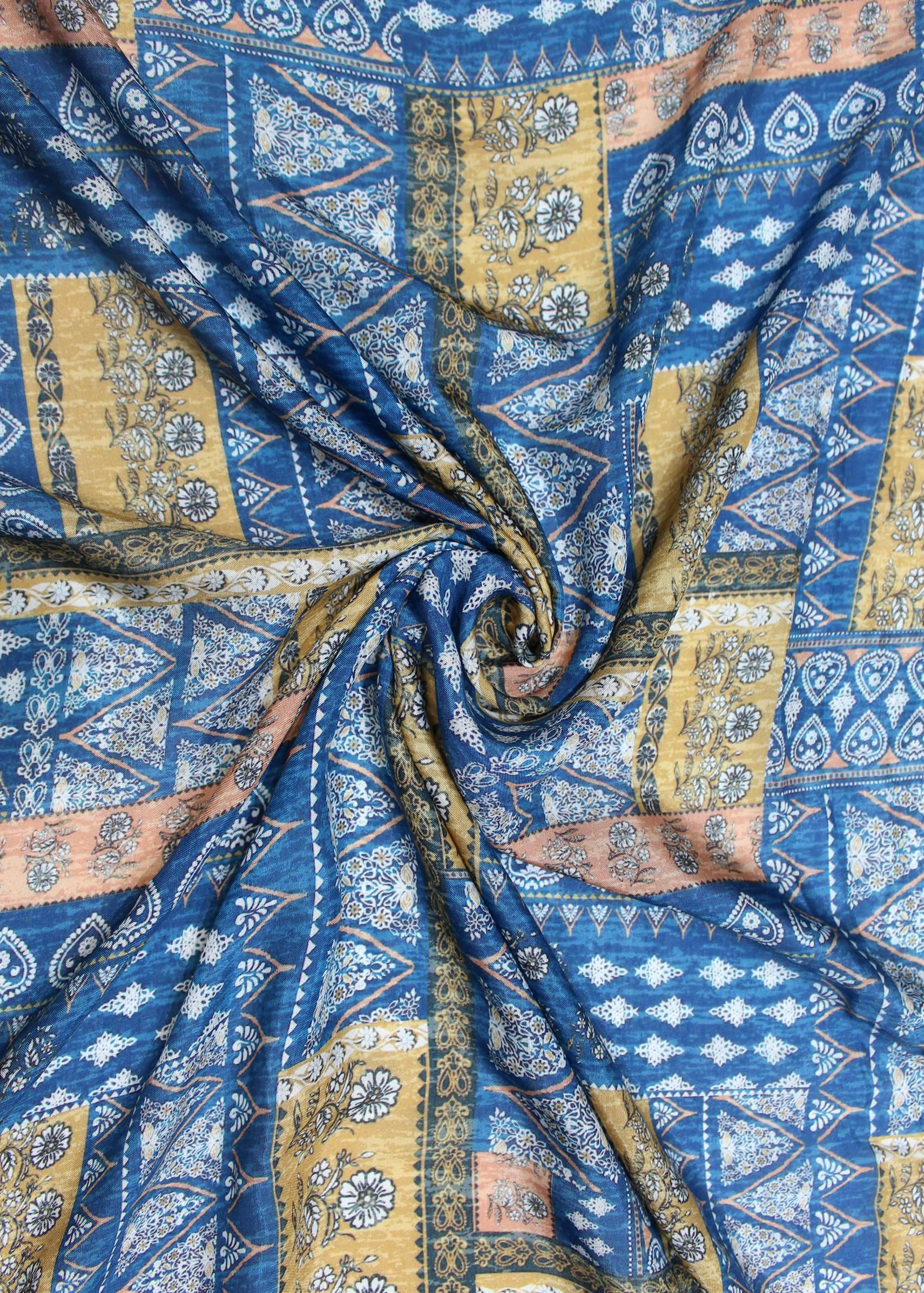 Blue Ajrakh Digital Printed Modal Silk Fabric - Modal Silk D.No. 1004 Blue 1 Front Image