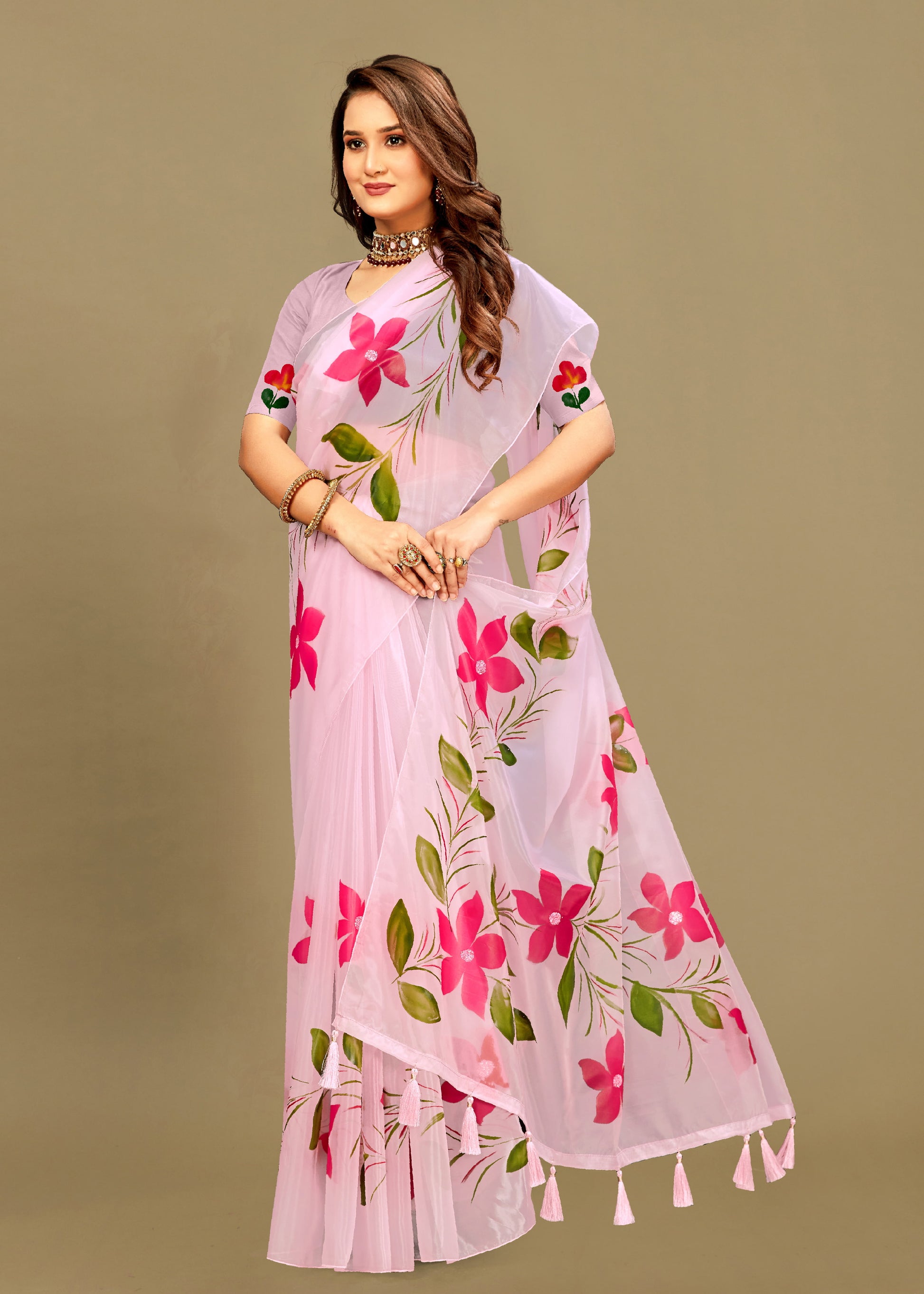 Blush Rose Organza Saree with Artistic Hand-Painted Florals, Crystal Work and Tassel - Titli Print 15055 Rose Pink Modeling 1