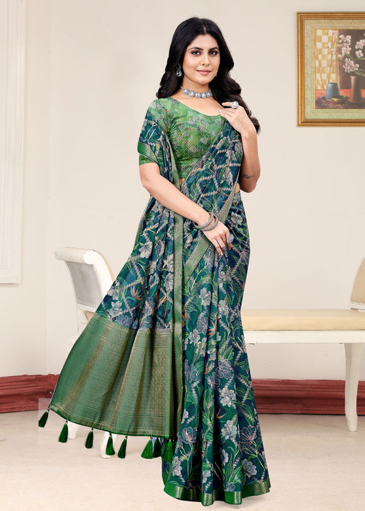 Bottle Green Organza Saree Showcasing Lush Floral Designs, Ornate Zari Border, and Intricate Zari Embellishments - Cyclone Silk 93070 Bottle Green Front View