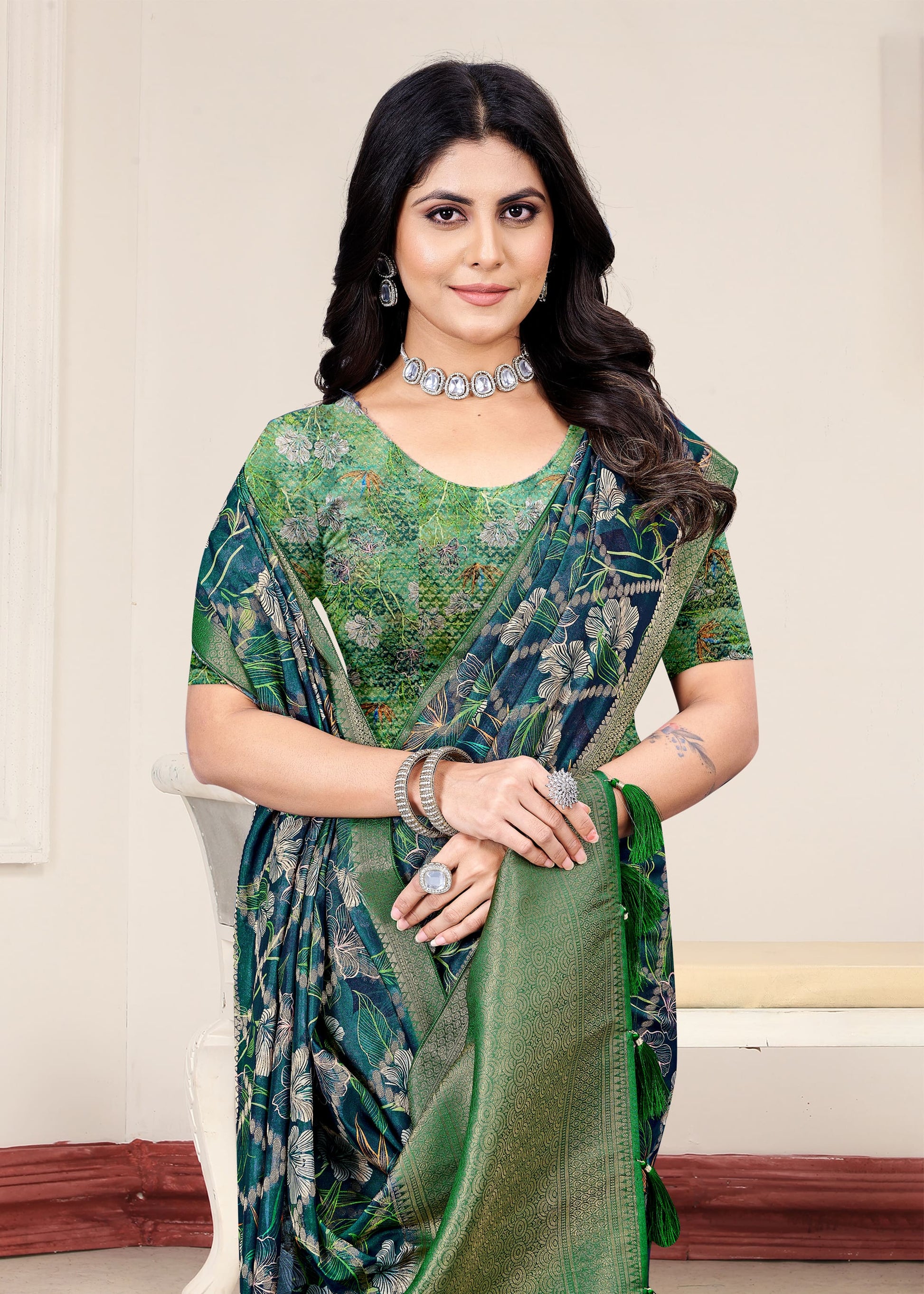 Bottle Green Organza Saree Showcasing Lush Floral Designs, Ornate Zari Border, and Intricate Zari Embellishments - Cyclone Silk 93070 Bottle Green Zoom View