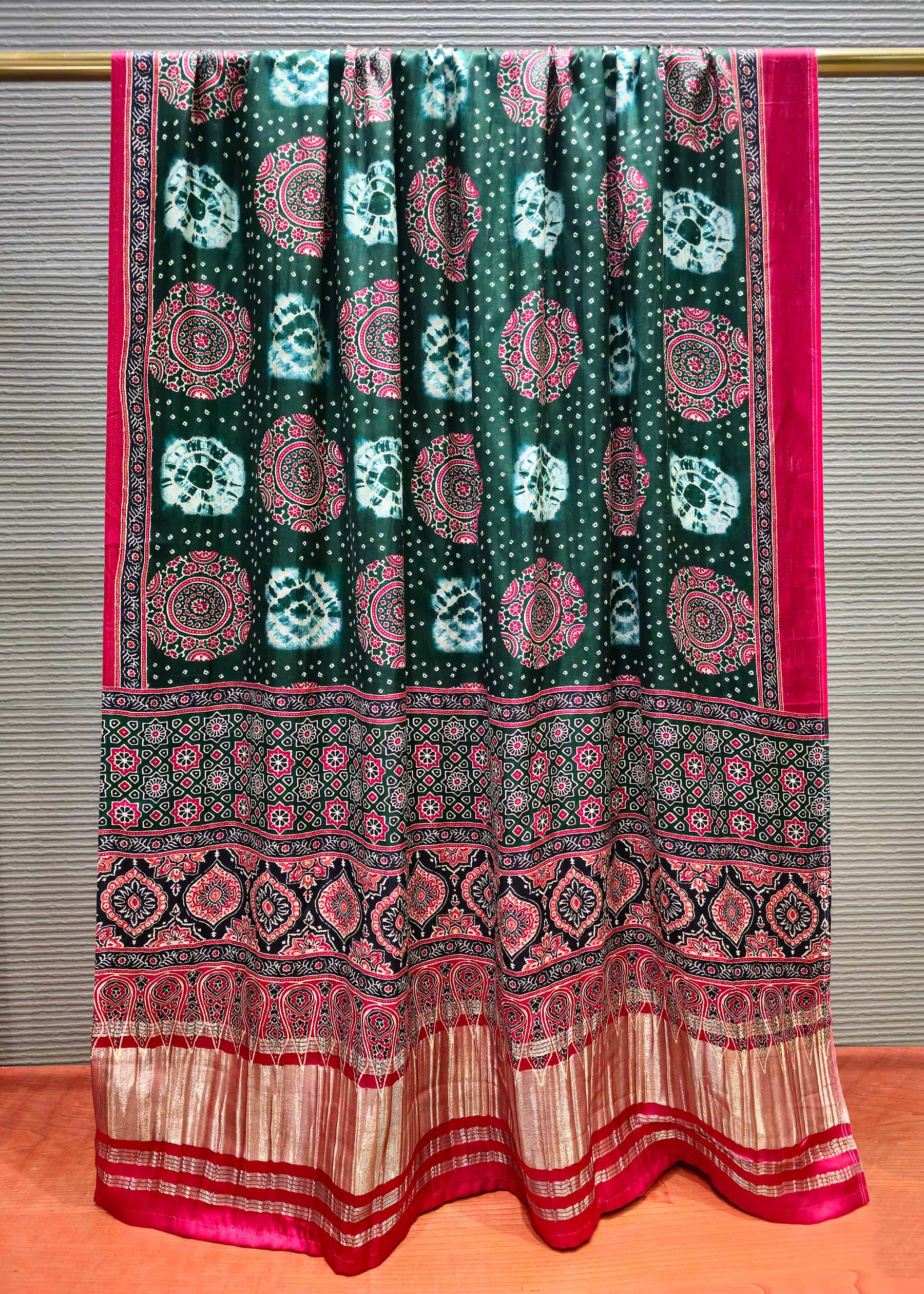 Bottle Green Prizam Digital Printed Gaji Silk Dupatta with Zari Weave Border Image 2