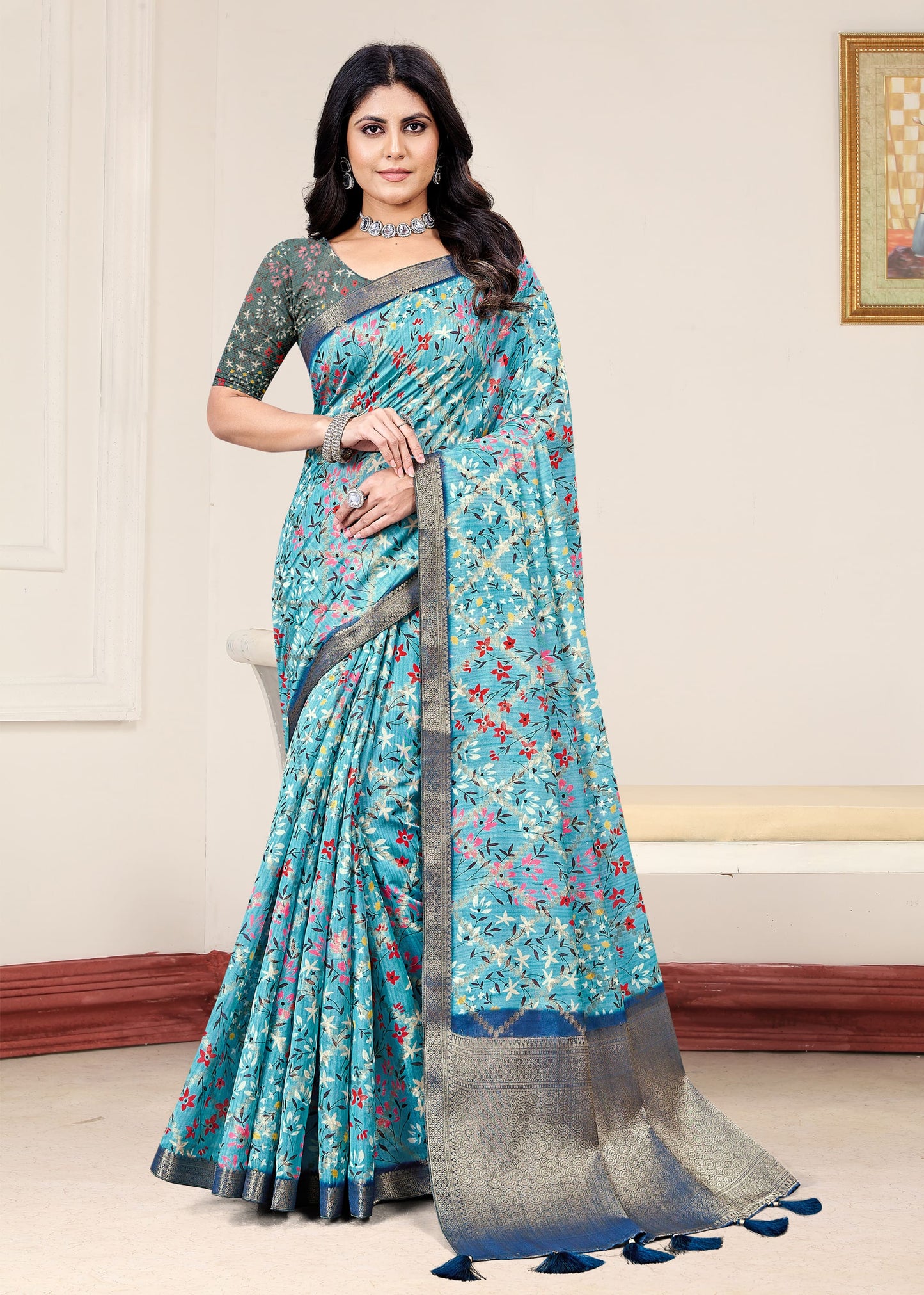 Breezy Sky Blue Organza Saree with Artistic Floral Designs, Lustrous Zari Border, and Subtle Butta - Cyclone Silk 93078 Sky Blue Modeling 1