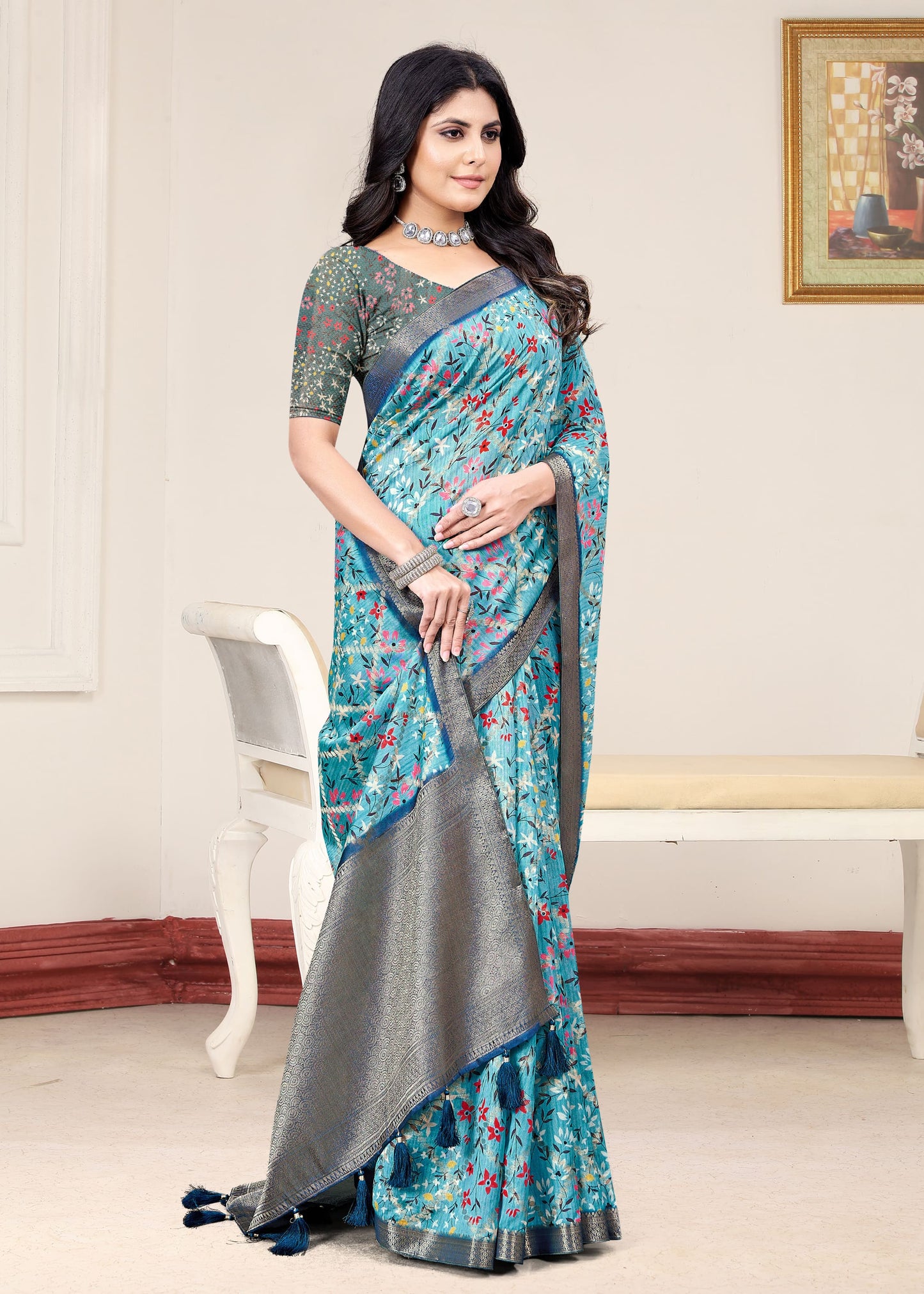 Breezy Sky Blue Organza Saree with Artistic Floral Designs, Lustrous Zari Border, and Subtle Butta - Cyclone Silk 93078 Sky Blue Modeling 2