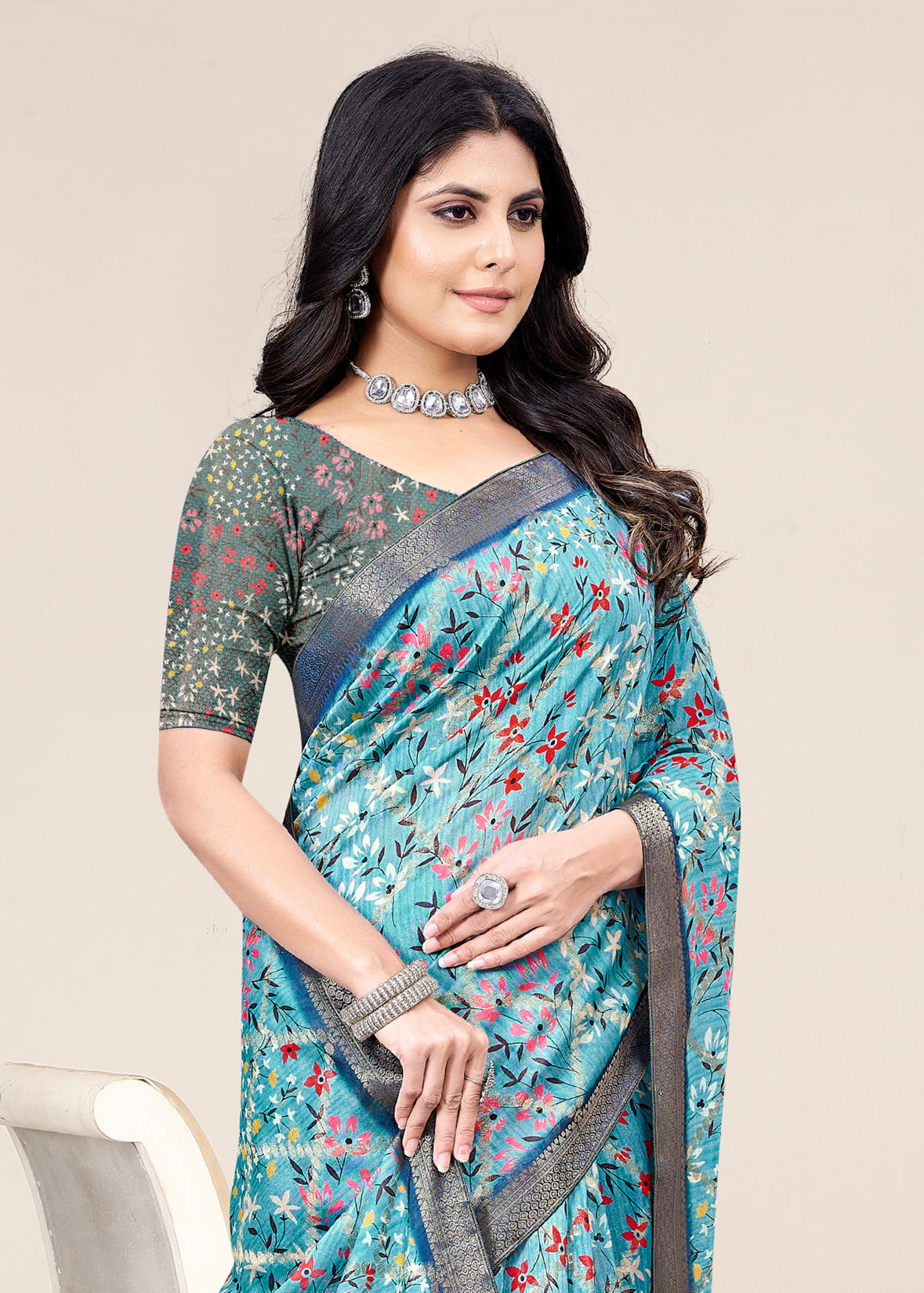 Breezy Sky Blue Organza Saree with Artistic Floral Designs, Lustrous Zari Border, and Subtle Butta - Cyclone Silk 93078 Sky Blue Modeling 3