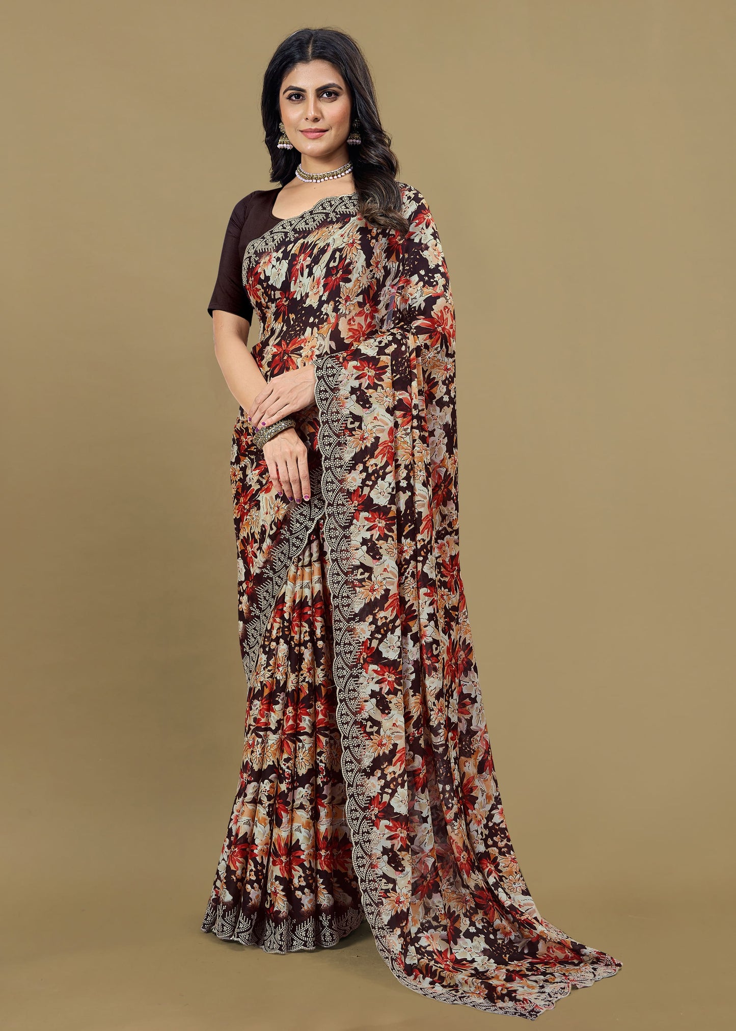 Brown Silk Georgette Saree with Floral Print Designs and Cutwork Embroidery Border - Rupam Prints 91026-A Brown Pose 1