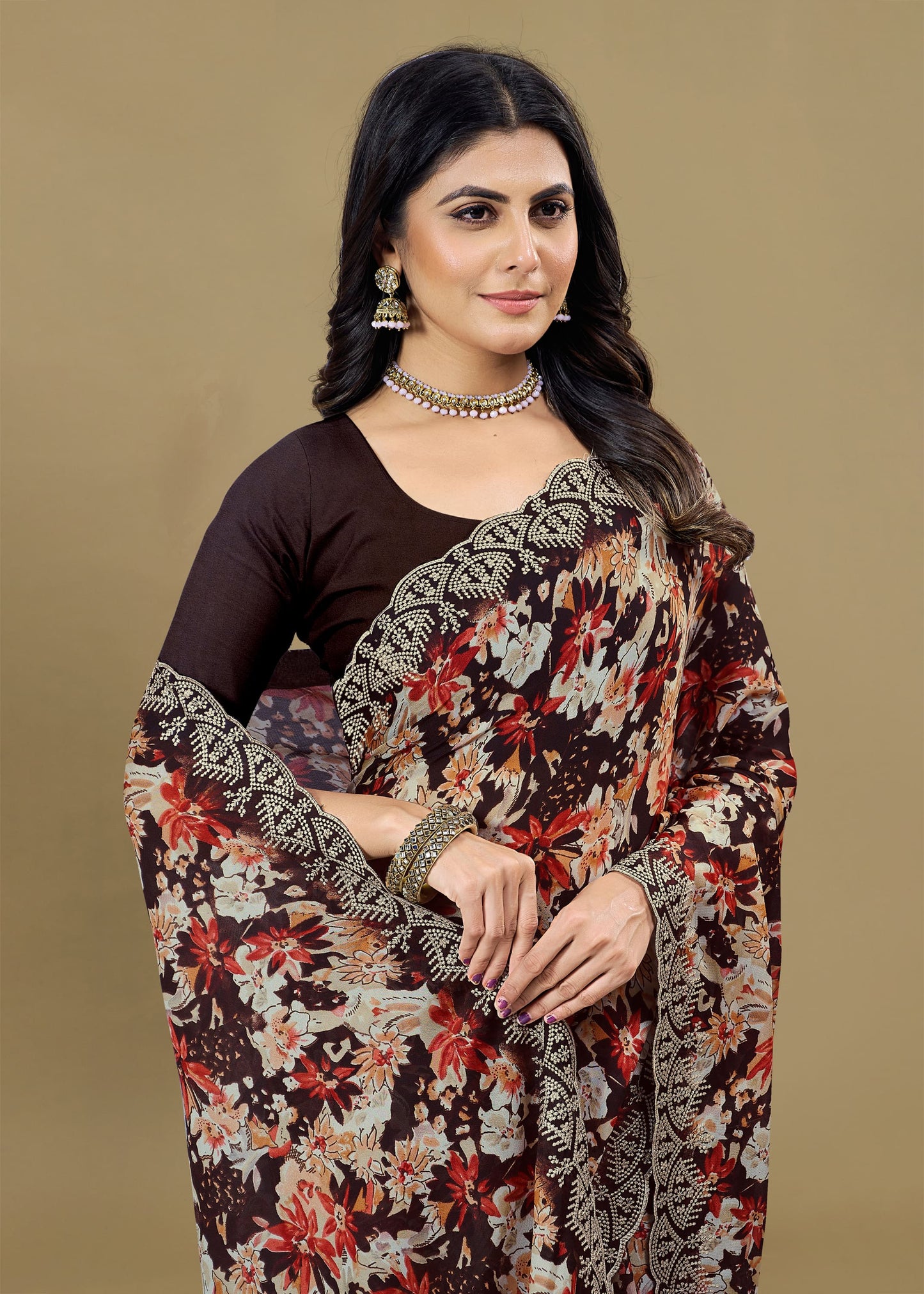 Brown Silk Georgette Saree with Floral Print Designs and Cutwork Embroidery Border - Rupam Prints 91026-A Brown Pose 2