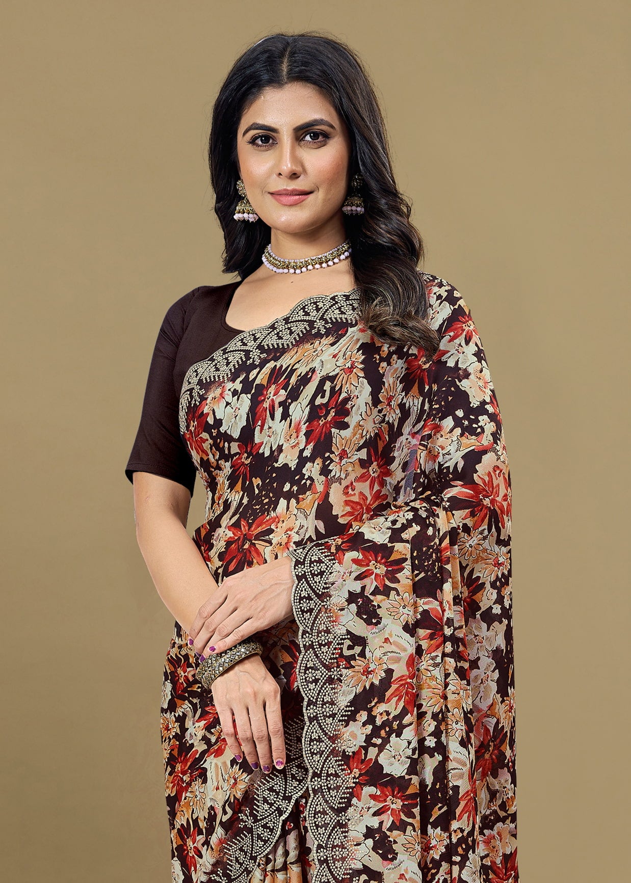 Brown Silk Georgette Saree with Floral Print Designs and Cutwork Embroidery Border - Rupam Prints 91026-A Brown Pose 3