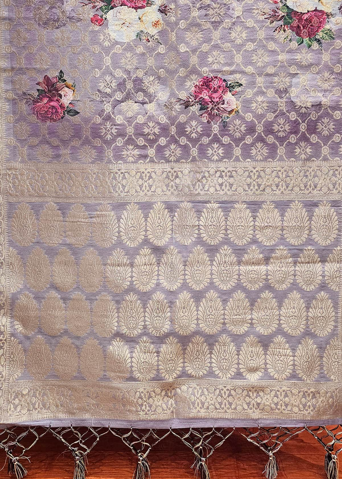 Chanderi Lavender Floral Digital Printed Stole With Jaal Work Zari  - Chanderi Stole D. No. 4103 Lavender Zoom View Photo