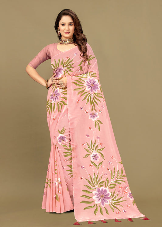 Charming Rose Pink Organza Saree with Artistic Hand-Painted Floral Motifs, Foil Work and Flowing Tassels - Butterfly Prints 8036 Rose Pink View 1