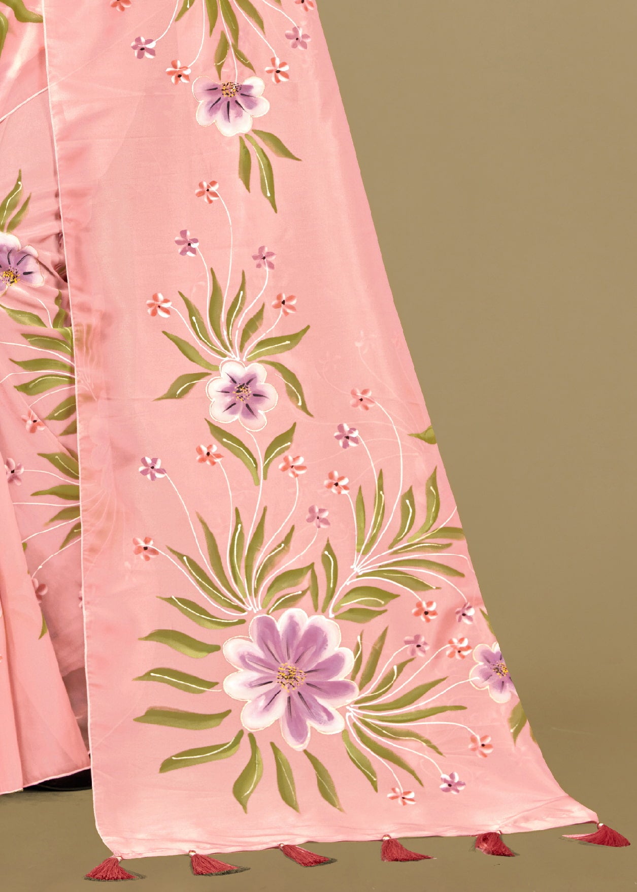 Charming Rose Pink Organza Saree with Artistic Hand-Painted Floral Motifs, Foil Work and Flowing Tassels - Butterfly Prints 8036 Rose Pink View 3