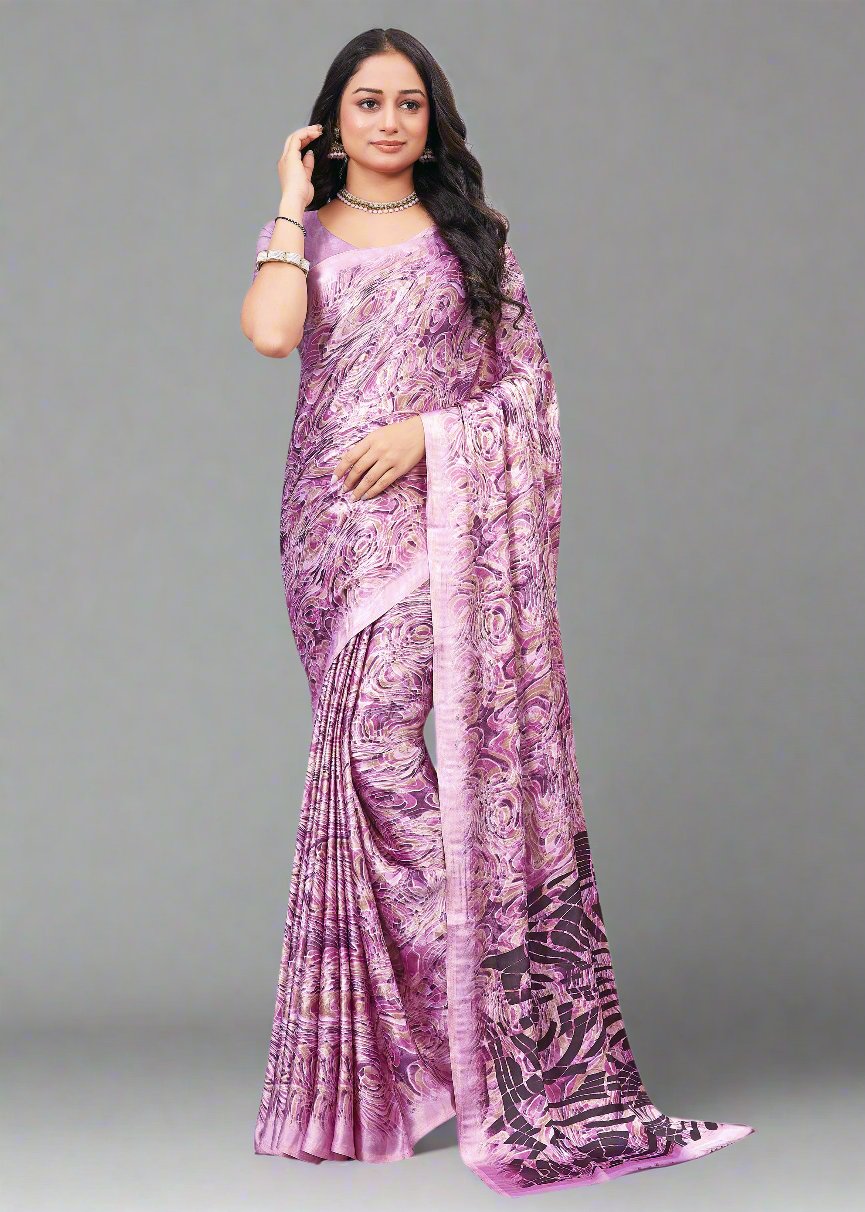 Chic Lavender Designer Satin Saree Featuring Bold Abstract Print - Signature Prints 7716-B Lavender Pose 1