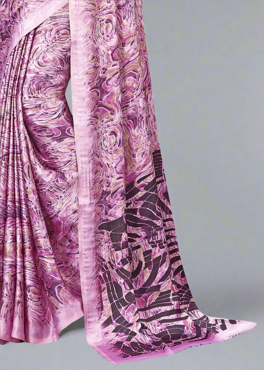 Chic Lavender Designer Satin Saree Featuring Bold Abstract Print - Signature Prints 7716-B Lavender Pose 3