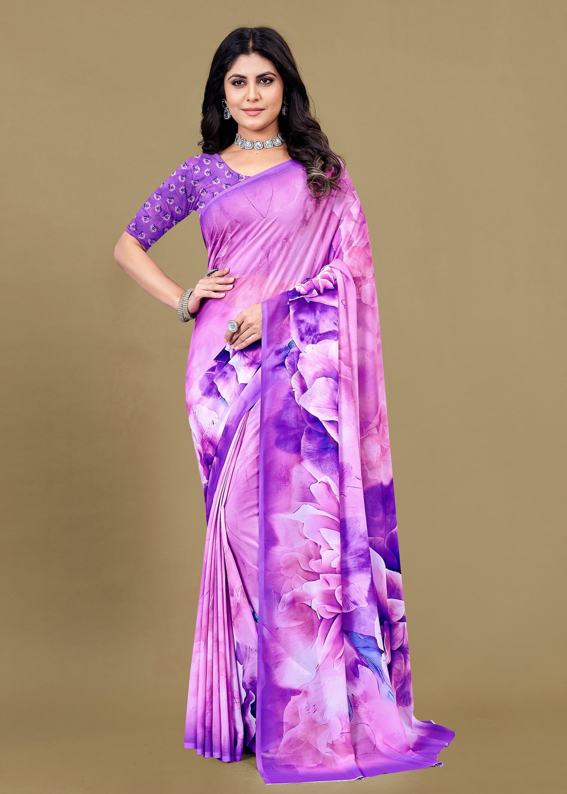 Chic Mauve Pink Georgette Saree Showcasing Unique Abstract Floral Digital Designs - Baarish Prints 13187 Mauve Pink Front View 1