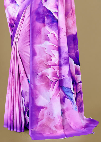 Chic Mauve Pink Georgette Saree Showcasing Unique Abstract Floral Digital Designs - Baarish Prints 13187 Mauve Pink Front View 3