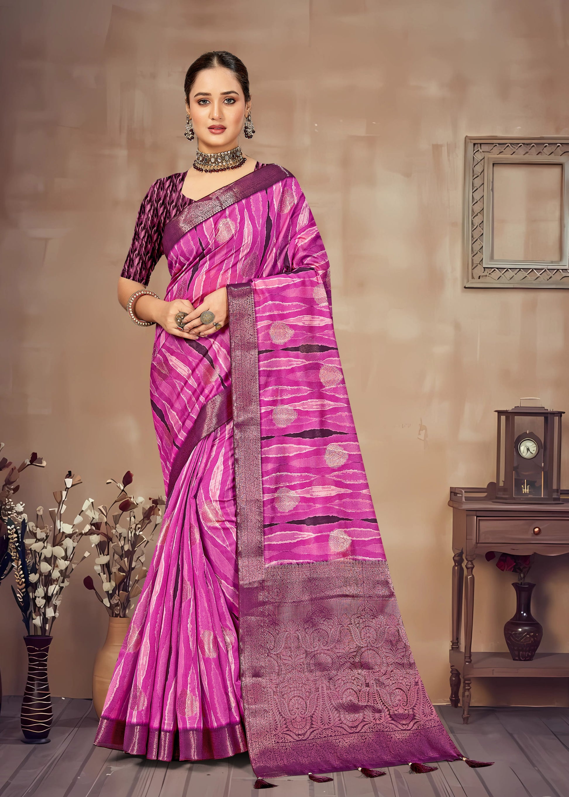 Chic Organza Saree with Artistic Rani Abstract Prints, Zari Accents, and Butta Detailing - Cyclone Silk 93085 Rani 1