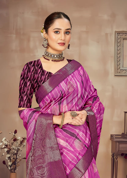 Chic Organza Saree with Artistic Rani Abstract Prints, Zari Accents, and Butta Detailing - Cyclone Silk 93085 Rani 2