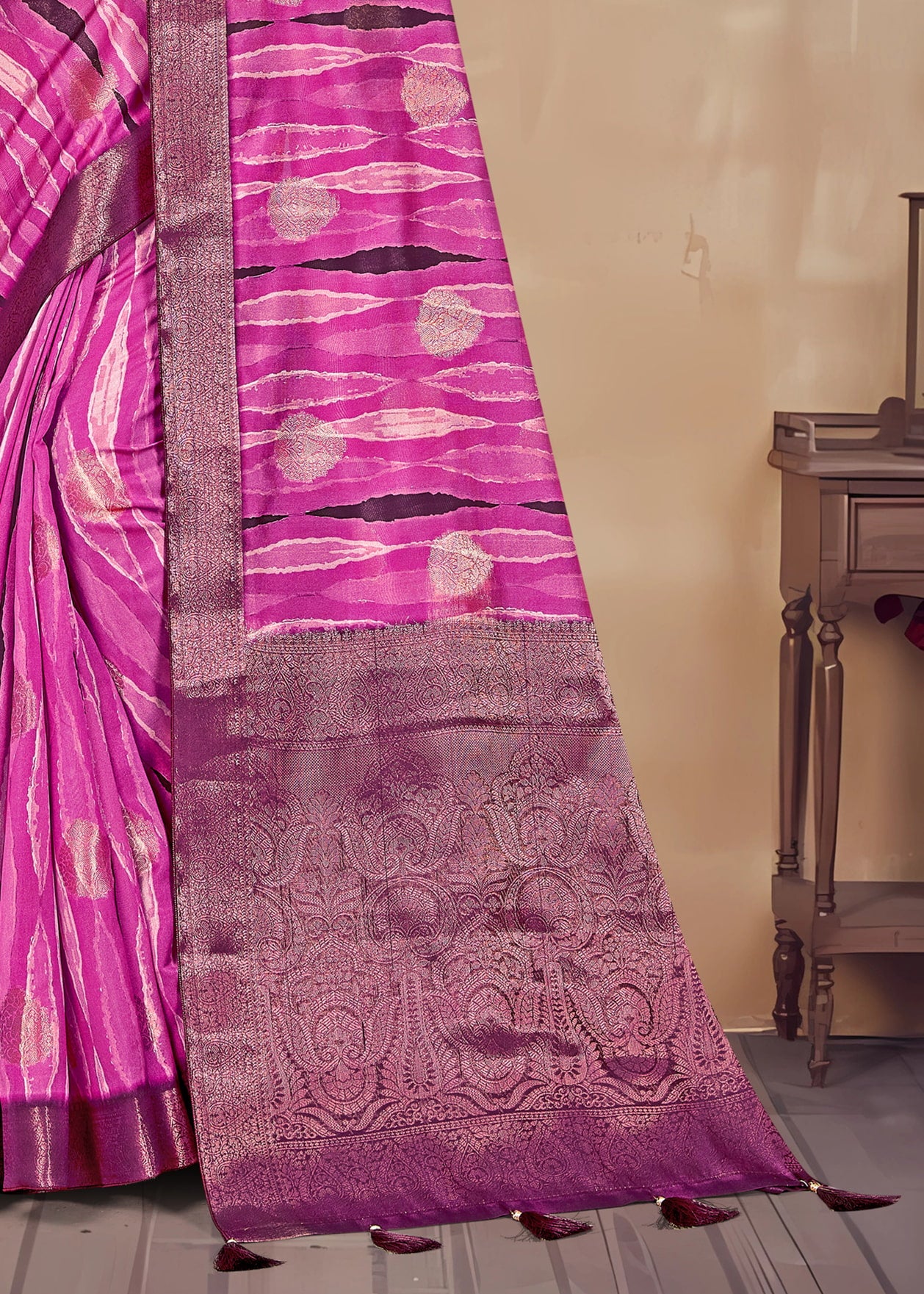 Chic Organza Saree with Artistic Rani Abstract Prints, Zari Accents, and Butta Detailing - Cyclone Silk 93085 Rani 3