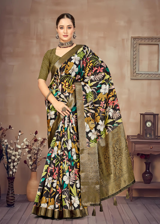 Chic Organza Saree with Black Floral Design, Gleaming Zari Borders and Delicate Butta - Cyclone Silk 93087 Black First Image