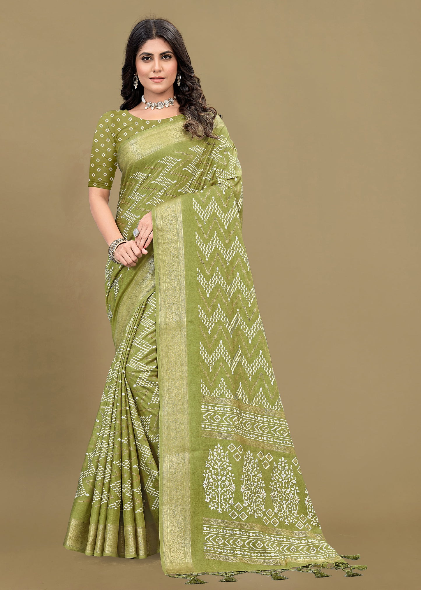 Chic Pista Cotton Saree with Zig Zag Ethnic Prints, Foil Details, and a Zari Border - Madras Silk 22064-C Pista Pose 1