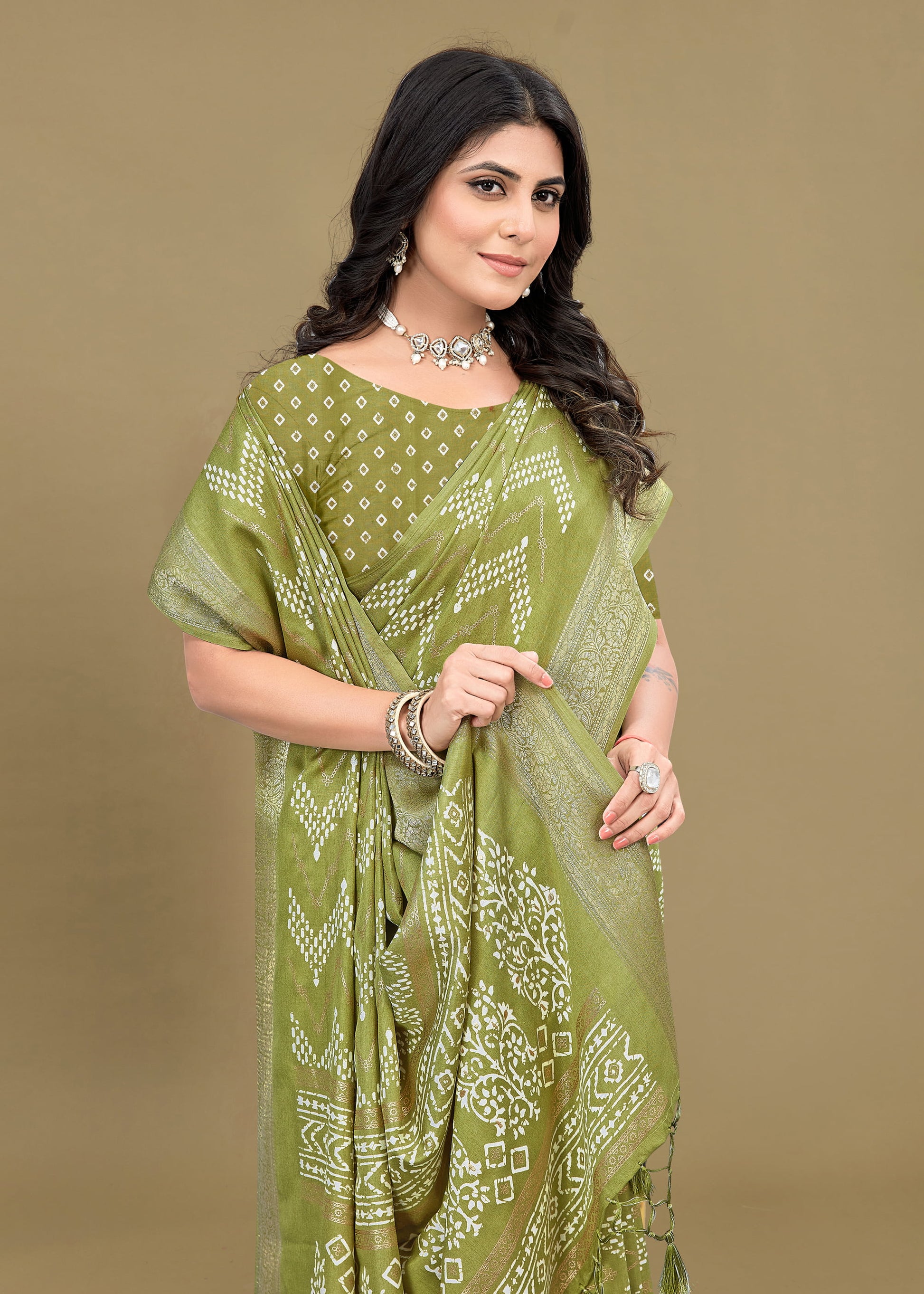 Chic Pista Cotton Saree with Zig Zag Ethnic Prints, Foil Details, and a Zari Border - Madras Silk 22064-C Pista Pose 2