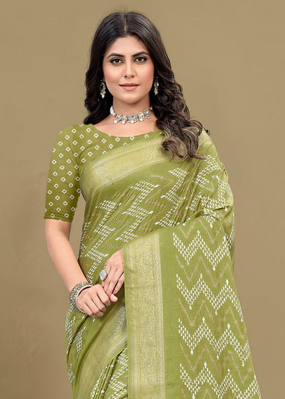 Chic Pista Cotton Saree with Zig Zag Ethnic Prints, Foil Details, and a Zari Border - Madras Silk 22064-C Pista Pose 3