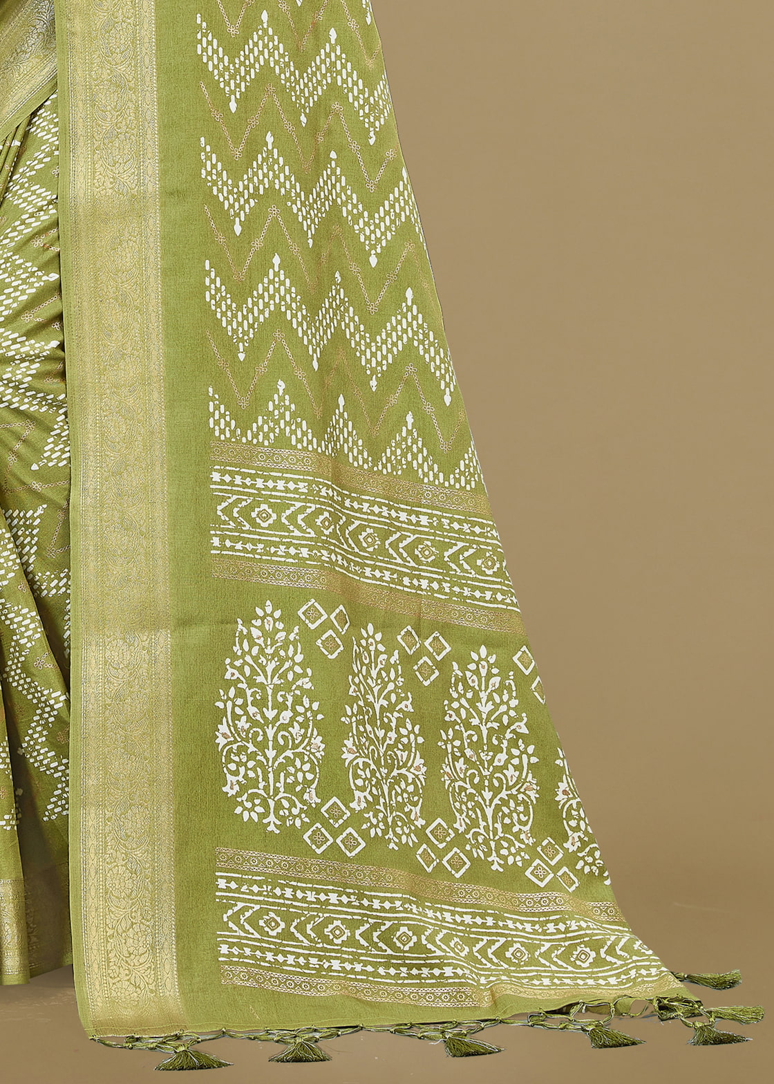 Chic Pista Cotton Saree with Zig Zag Ethnic Prints, Foil Details, and a Zari Border - Madras Silk 22064-C Pista Pose 4