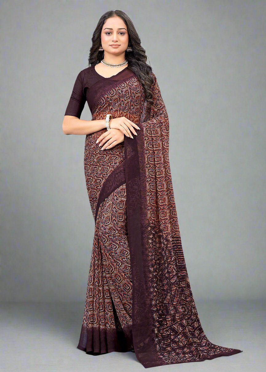 Chic Wine Saree in Georgette with Striking Geometric Abstract Motifs - Tiny Prints 9121-C Wine Image 1