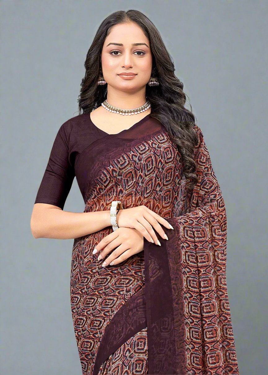 Chic Wine Saree in Georgette with Striking Geometric Abstract Motifs - Tiny Prints 9121-C Wine Image 2