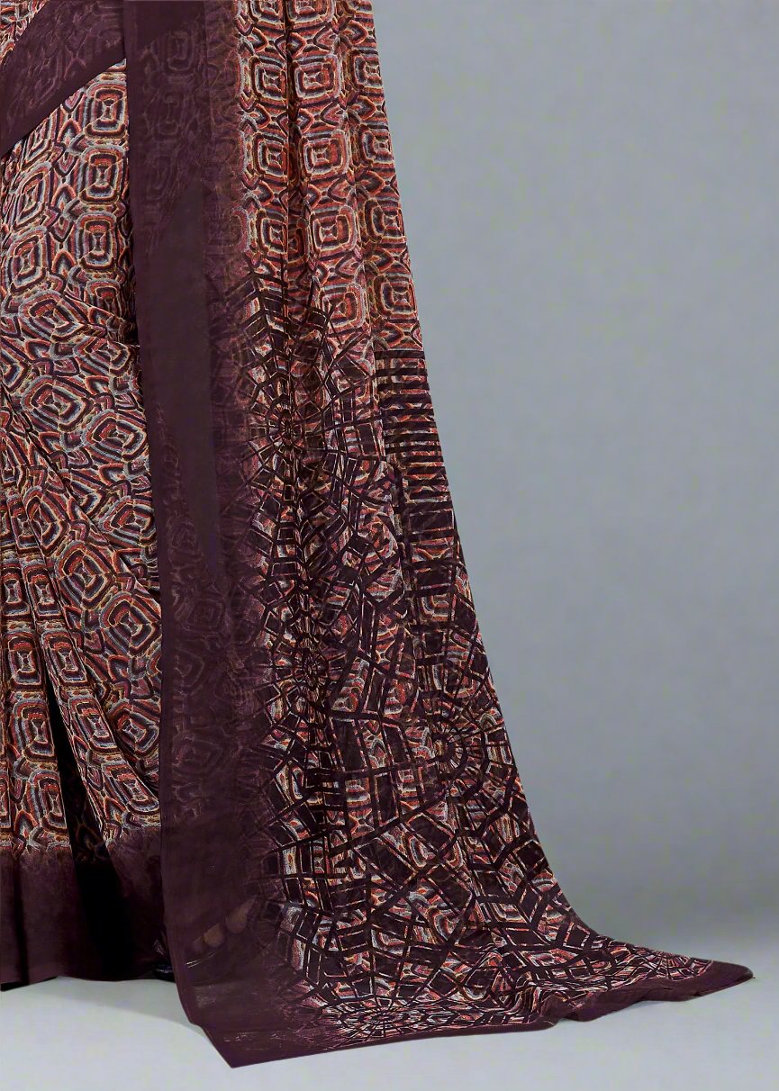 Chic Wine Saree in Georgette with Striking Geometric Abstract Motifs - Tiny Prints 9121-C Wine Image 3