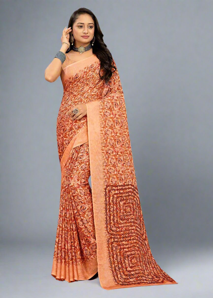 Chiffon Designer Saree with Peach Abstract Floral Print - Heritage Silk 4270-D Peach Image 1