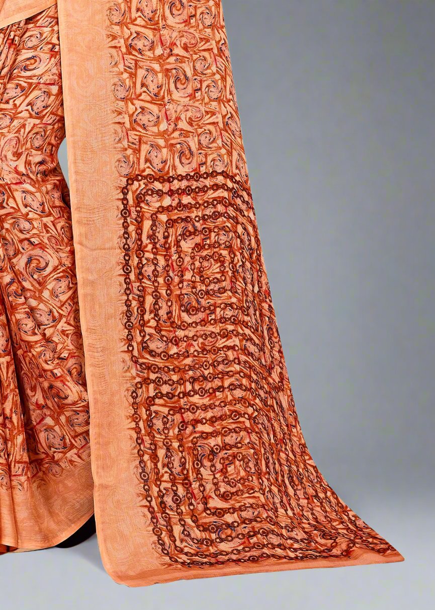 Chiffon Designer Saree with Peach Abstract Floral Print - Heritage Silk 4270-D Peach Image 3