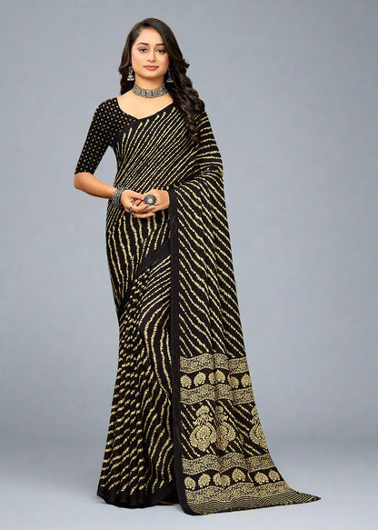 Chiffon Saree in Black with Lehariya Prints and Bold Border - Heritage Silk D. No.4256-C Black Image 1