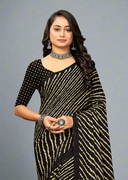 Chiffon Saree in Black with Lehariya Prints and Bold Border - Heritage Silk D. No.4256-C Black Image 2