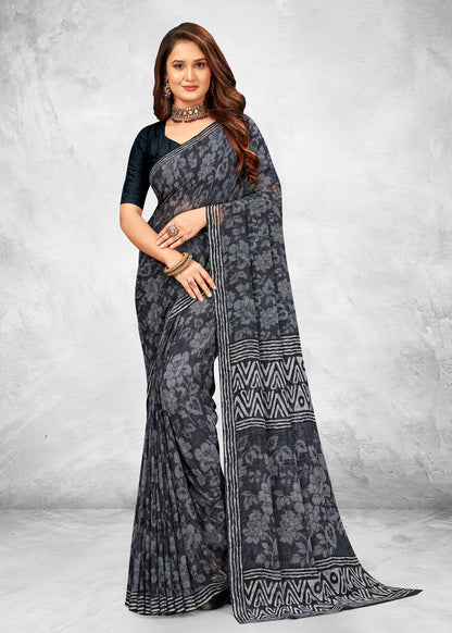 Classic Black Georgette Saree with Timeless Floral Print for Women - Spicejet Prints 3164-B Black Front View