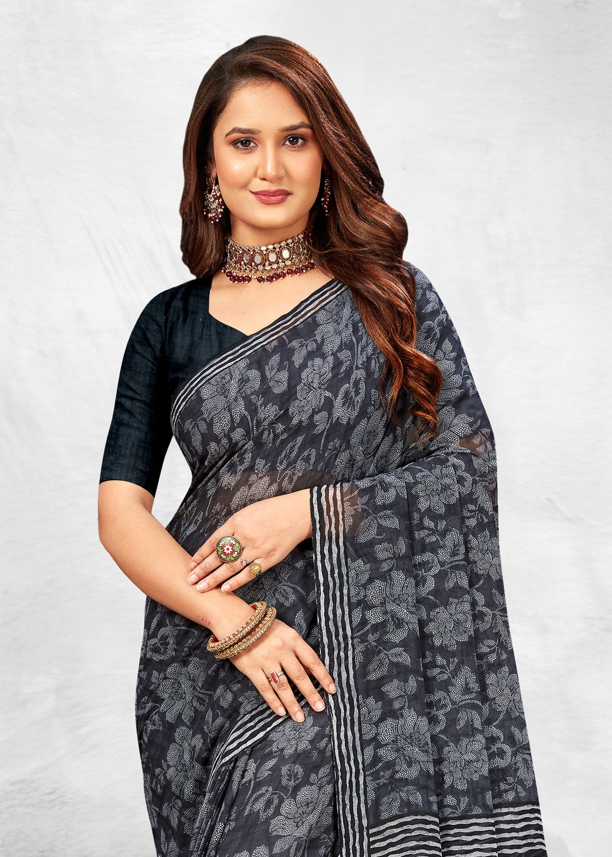 Classic Black Georgette Saree with Timeless Floral Print for Women - Spicejet Prints 3164-B Black Zoom View