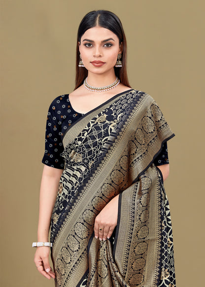 Classic Black Pure Satin Silk Saree Adorned with Ethnic Designs, Zari Woven Border Highlight with Buttis - Fiesta Silk 70094 - Black Pose 2