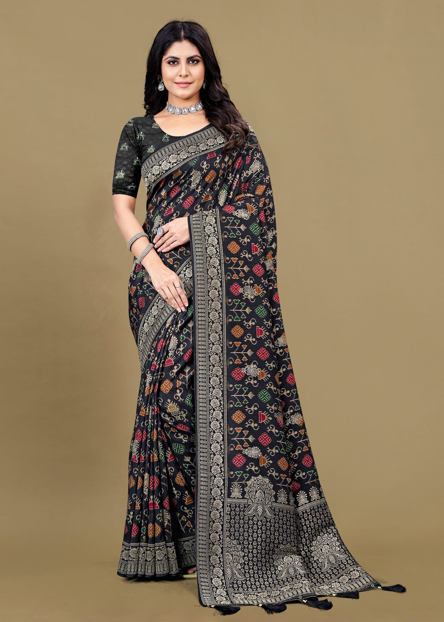 Classic Black Pure Tussar Silk Saree with Modern Ikat Digital Prints, Ornate Zari Woven Border, and Buta - Spider Silk 5551 Black Image 1