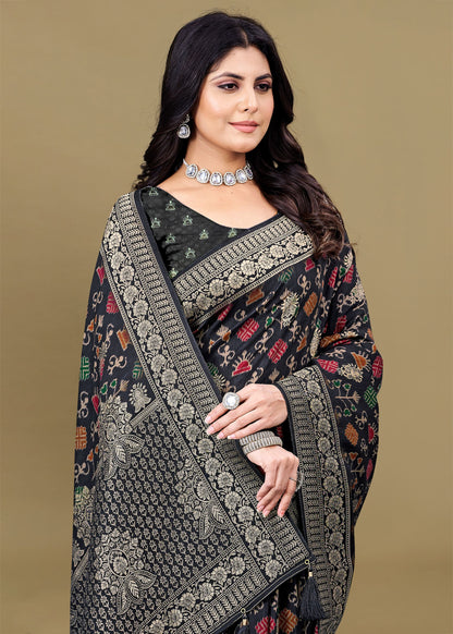 Classic Black Pure Tussar Silk Saree with Modern Ikat Digital Prints, Ornate Zari Woven Border, and Buta - Spider Silk 5551 Black Image 2