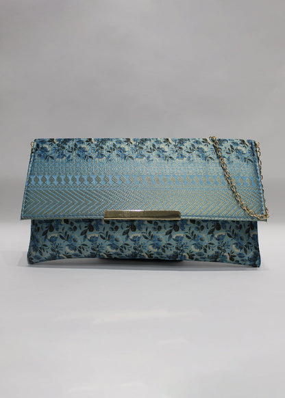 Classic Blue Zari Woven Art Silk Floral Printed Clutch with Golden Sling - Clutch D. No. 04 P41 Classic Blue Full Image