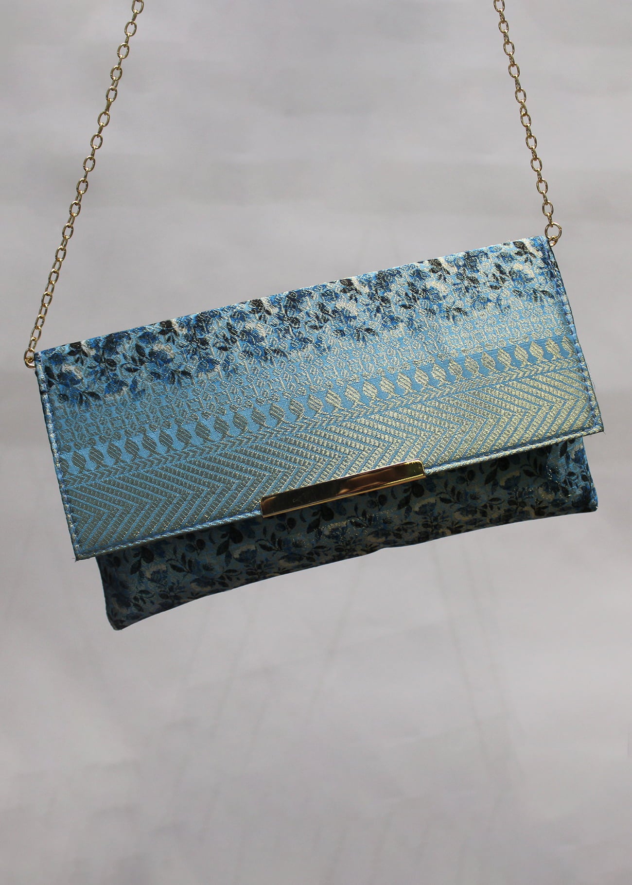 Classic Blue Zari Woven Art Silk Floral Printed Clutch with Golden Sling - Clutch D. No. 04 P41 Classic Blue Second Image