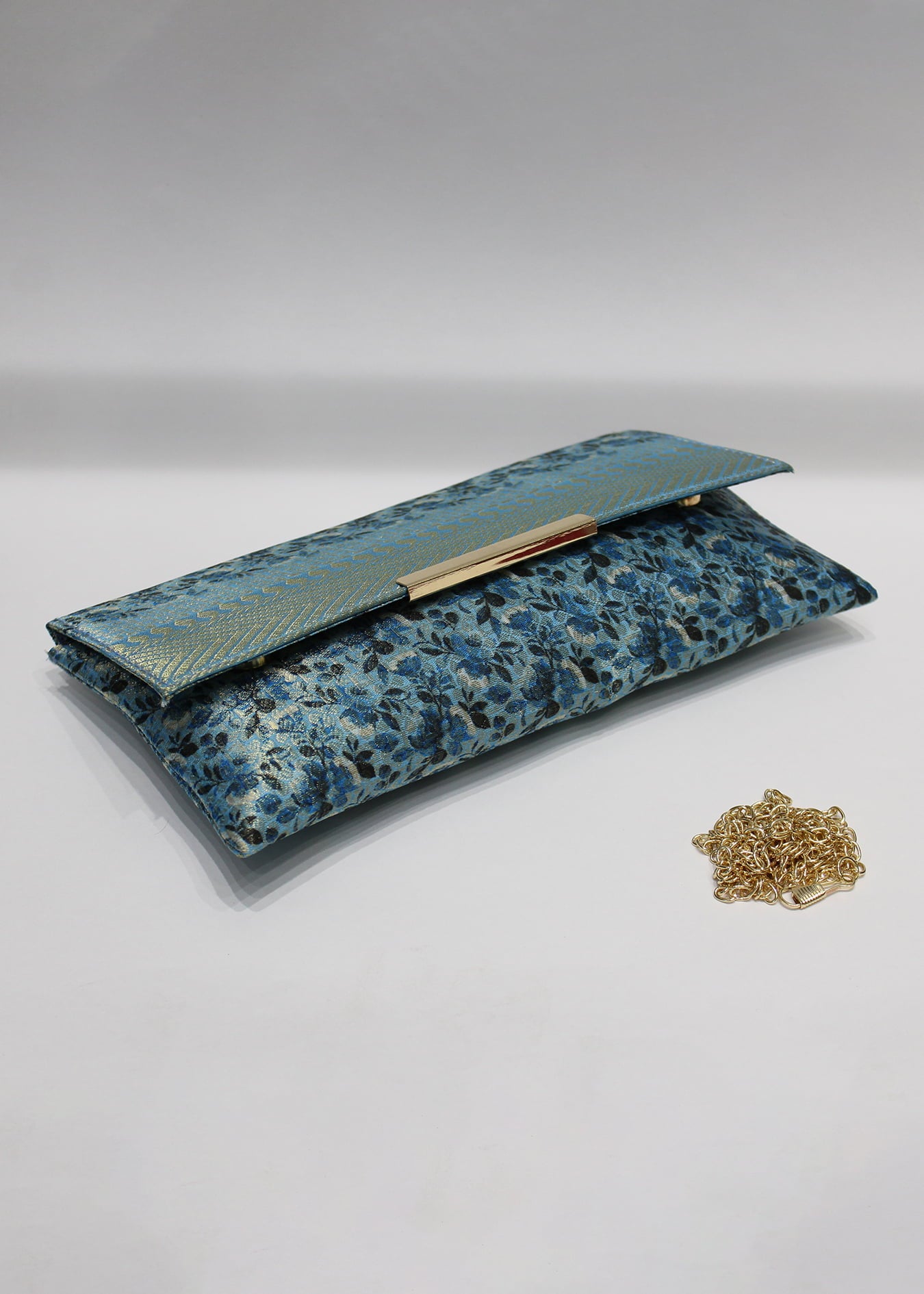 Classic Blue Zari Woven Art Silk Floral Printed Clutch with Golden Sling - Clutch D. No. 04 P41 Classic Blue Side Image