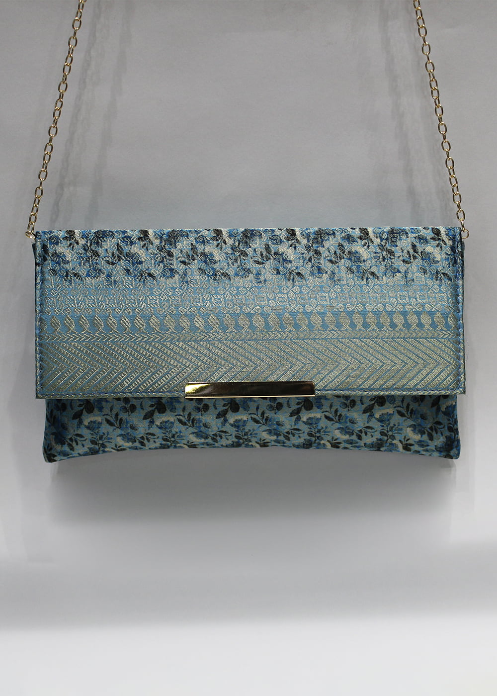 Classic Blue Zari Woven Art Silk Floral Printed Clutch with Golden Sling - Clutch D. No. 04 P41 Classic Blue Zoom Image