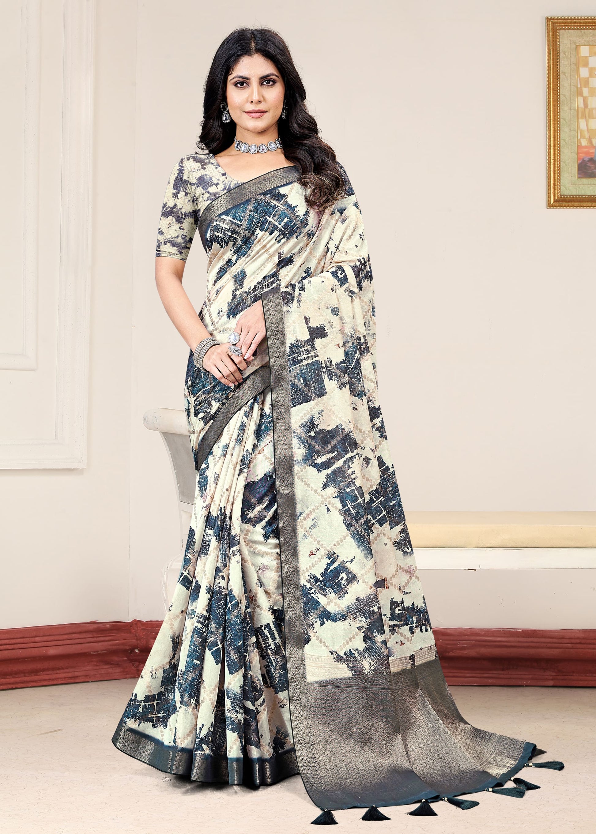 Cream Organza Saree with Soft Abstract Designs, Zari Embellished Border and Scattered Butta Work - Cyclone Silk 93079 Cream Image 1